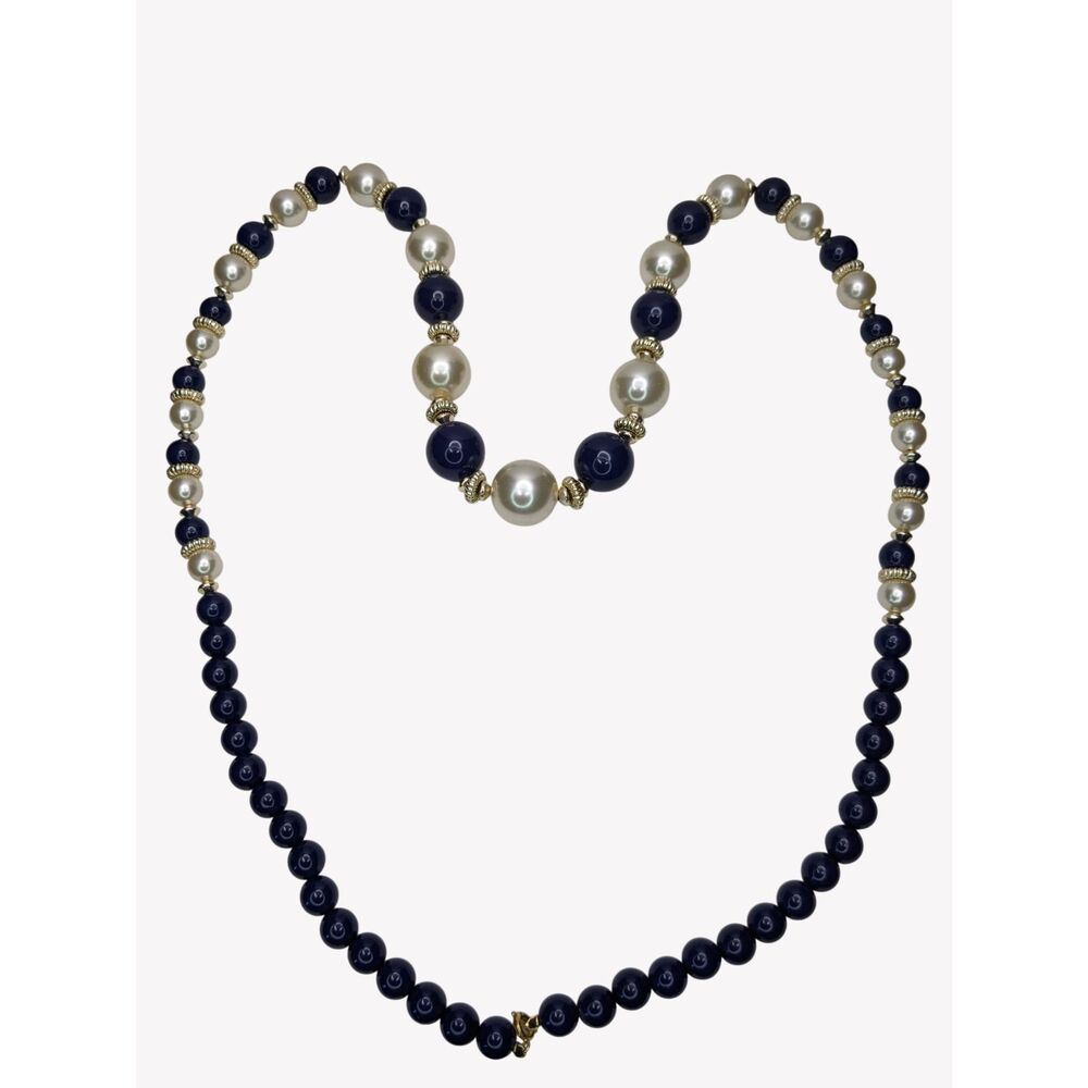 Chunky Blue/White Faux Pearl Necklace Gold Tone Spacer Beads 36" Vintage 1980s